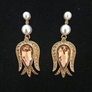 Oscar de la Renta Gold Tone Champagne Crystal Pearls Dangle Earrings